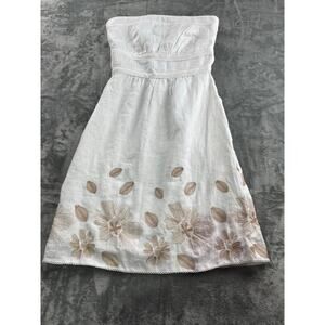 Linen Dress Women 00 RW & Co 100% Linen Sleeveless Mini Floral Ruched White Tan